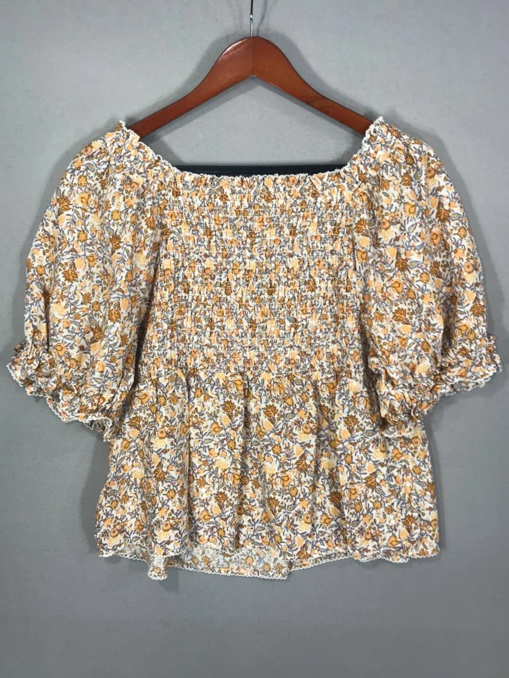 Old Navy Top Womens Large Brown Floral Babydoll Blouse Scoop Smocked Puff Sleeve